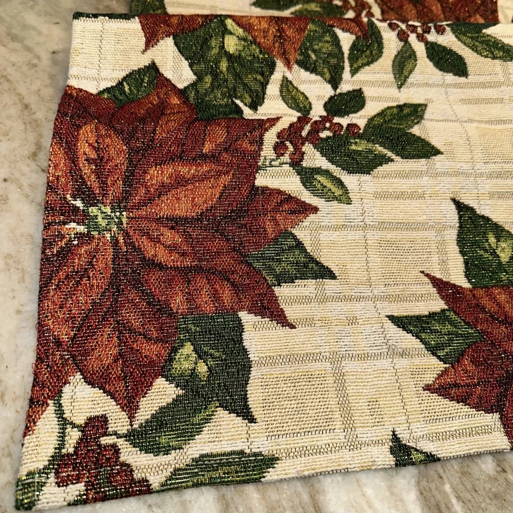 Christmas Table Runner Poinsettia Cream Brocade Tapestry 13
